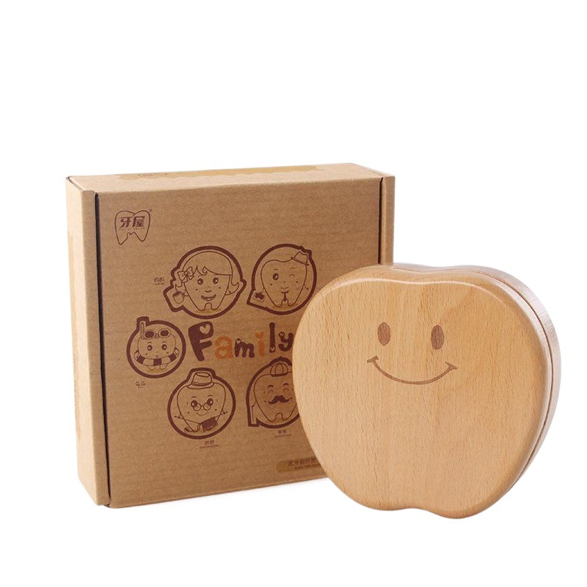 Dientes de bebé de madera manzana en forma de huevo de dibujos animados caja de almacenamiento de dientes de leche para niños y niñas caja conmemorativa de regalo de cumpleaños