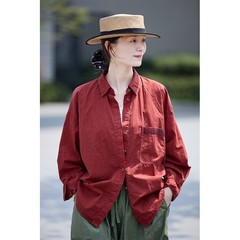 秋季新款文艺复古原创女装红色纯棉软滑凉感宽松休闲音乐家衬衫