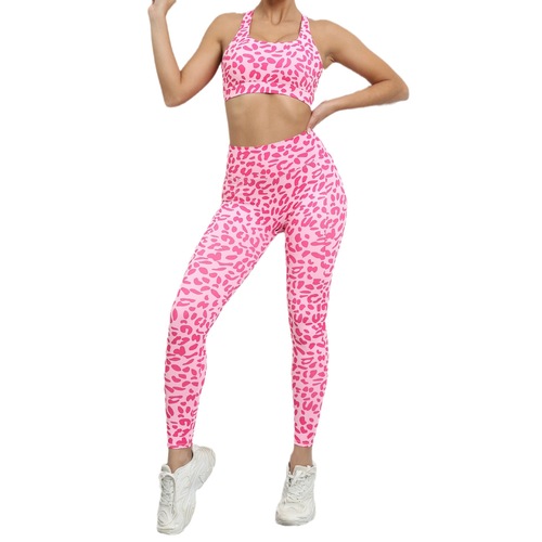 Cross-border European and American leopard print yoga wear beautiful back tight sports suit peach hip lift high waist fitness suit for women