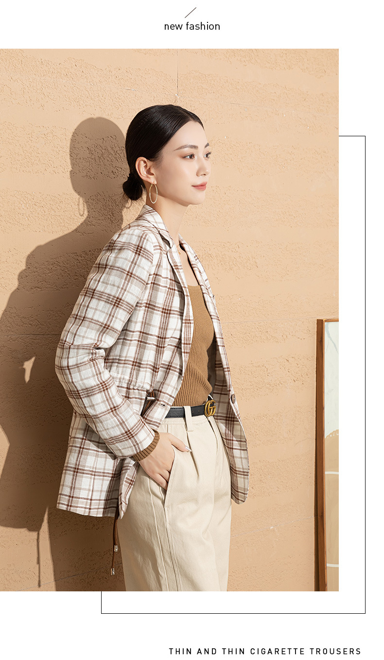 Áo blazer nữ vải lanh kẻ caro thiết kế độc đáo dáng ngắn — Ca rô chi tiết 9