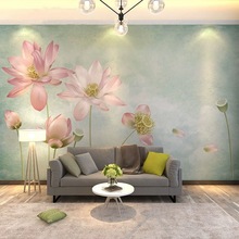 新中式手绘荷花沙发卧室背景影视墙无缝墙布酒店电视背景墙纸壁画