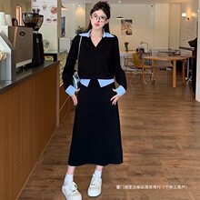 2014秋装大码女装胖妹妹条纹拼接领上衣半身裙优雅时髦两件套装