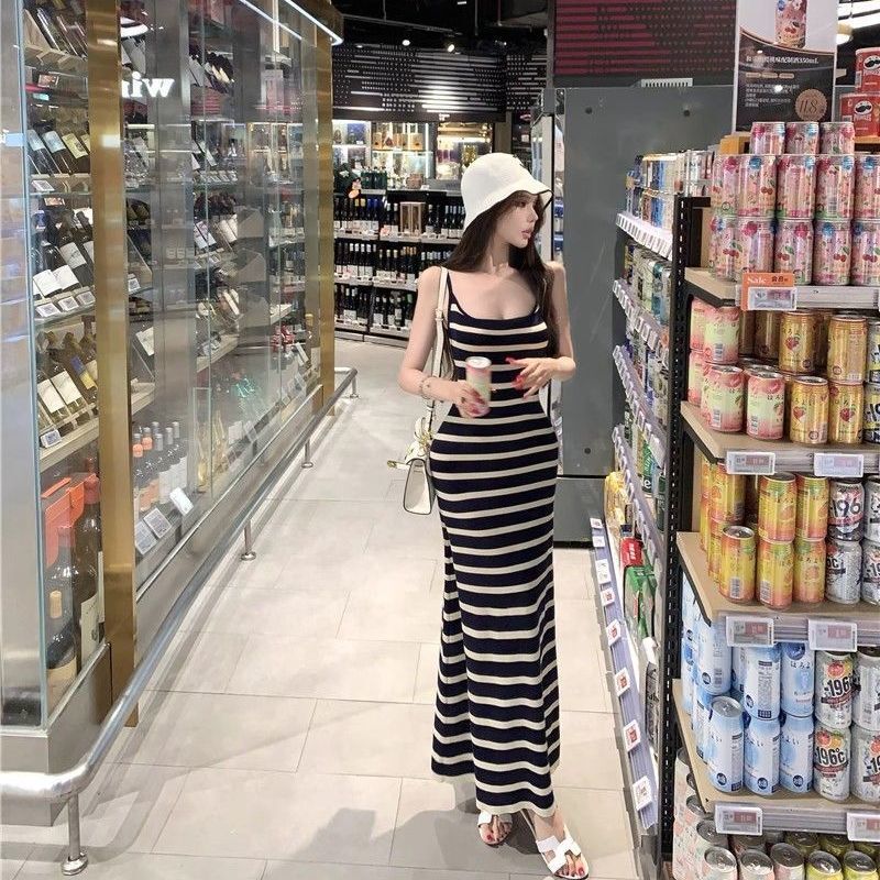 Color-Block Striped Knit Slip Dress 2025 Summer Pure Desire Waist-Cinching Fishtail Skirt Slim Fit Bodycon Long Dress