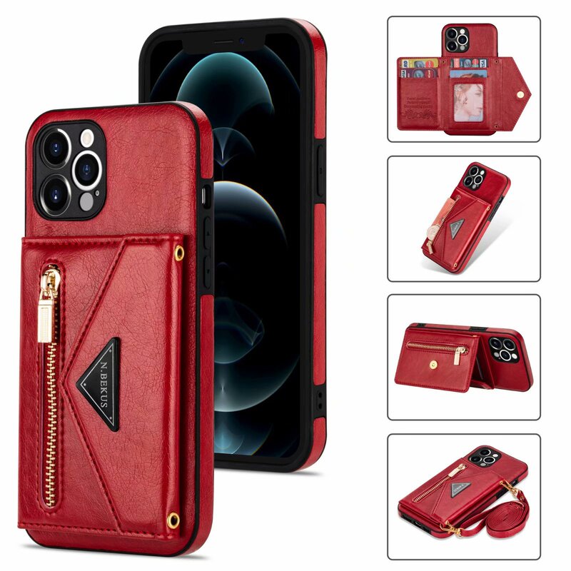 Cross-border applicable iPhone13 side card holder crossbody phone case Apple 14 zipper card wallet leather case Cross-border applicable iPhone13 side card holder crossbody phone case Apple 14 zipper card wallet leather case