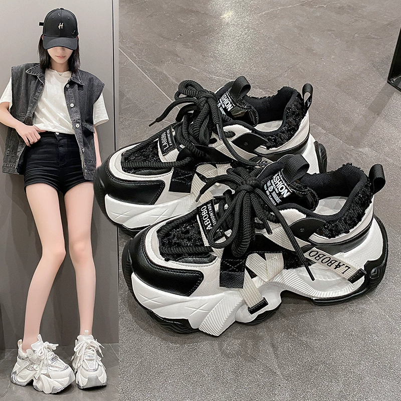 2025 Интернет-знаменитость новые туфли на среднем каблуке с резиновой подошвой, шнуровкой, повседневные водонепроницаемые противоскользящие кроссовки в стиле "dad shoes"