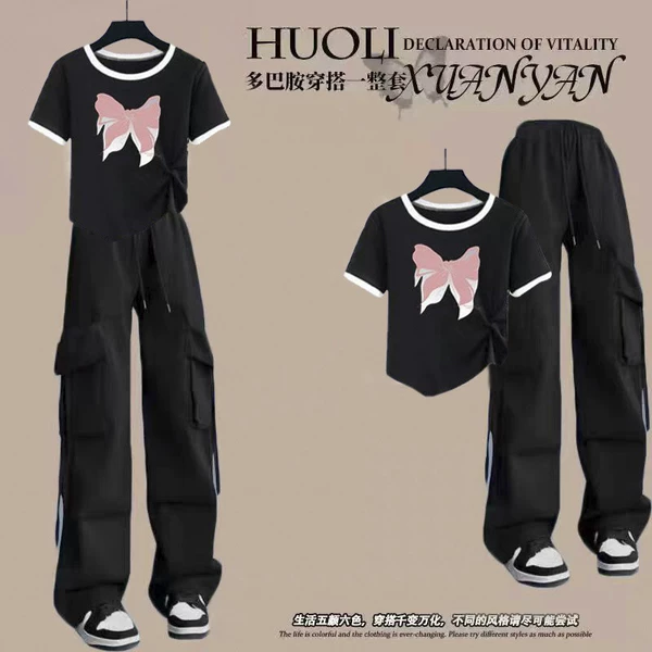 Black pink butterfly + black overalls [suit]