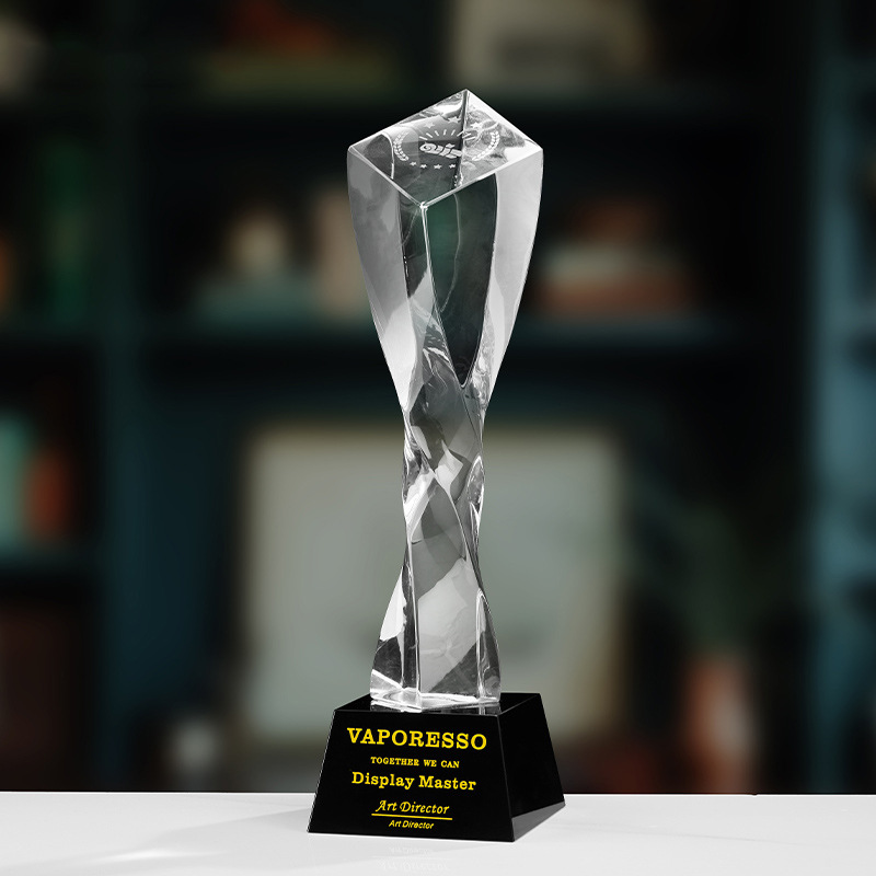 Trofeo de cristal de grabación reunión anual de competición de premios medallas de metal de madera sólida colorido trofeo de cristal impreso