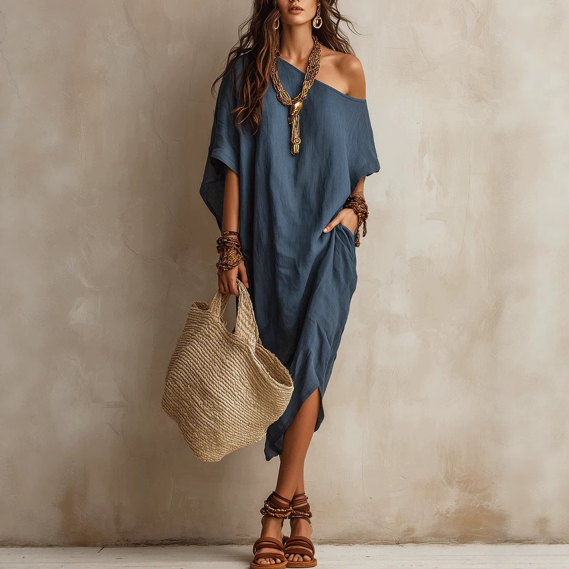 In-Stock 2026 European and American Style One-Shoulder Cotton and Linen Dress for Women, Loose Batwing Sleeve, Mid-Length, Slit Vacation Dress, Cross-Border