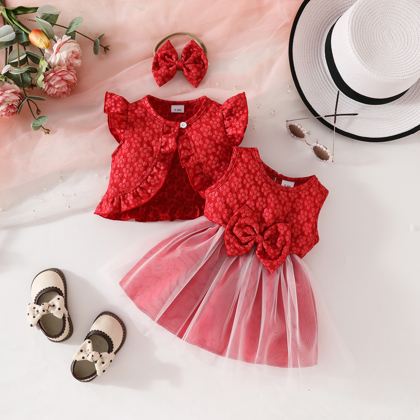 European and American Baby Girl's Summer Sleeveless Ruffled Short Coat Sleeveless Bow Mesh dress Hair Band suit