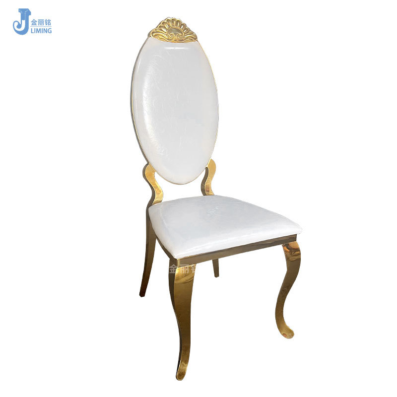 Silla de comedor de acero inoxidable de lujo ligero de moda Silla de comedor de cuero blanco de metal para el hogar Silla de comedor de hotel sala de banquetes tocado de acero inoxidable dorado Silla de flores