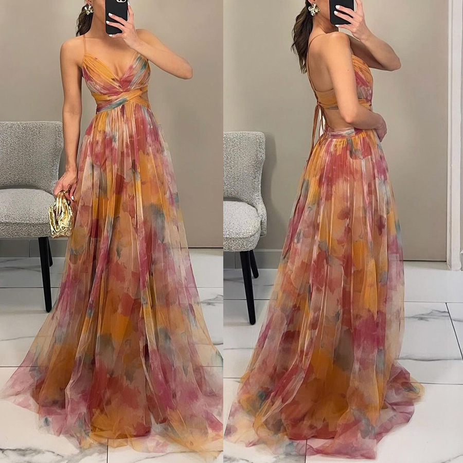 409g Weight Maxi Long Dress Dress Length Type Sleeveless Sleeve Length Swing Dress Dresses Type Polyester Fabric Type Wholesale Women's Elegant Sexy Printing Zipper Abstract Color Block Holiday Cocktail Party V Neck Strap Sleeveless Swing Dress