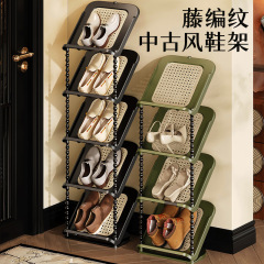 门口藤编倾斜鞋架多层家用鞋架子门口多层中古风简易鞋架宿舍