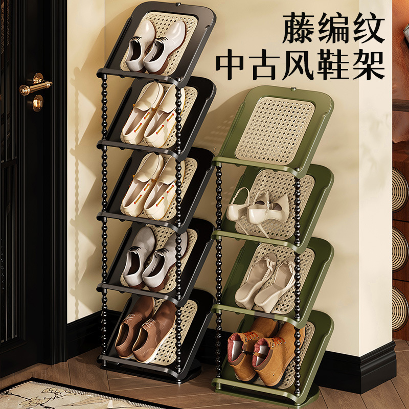 门口藤编倾斜鞋架多层家用鞋架子门口多层中古风简易鞋架宿舍|undefined