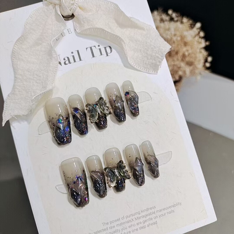 Wear 10 pieces of armor S019 black flash butterfly ladder temperament white handmade dark heavy industry cool fake nails