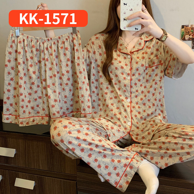 ネットセレブ人気の女性用半袖パジャマ、夏のストライプリボン、スイートホーム服、しわのある布の3点セット、リアルショット卸売|undefined