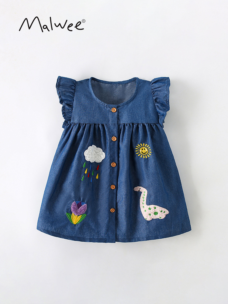 Malwee falda infantil verano nuevo europeo y americano de los niños casual cuello redondo princesa vestido occidental estilo niña vestido
