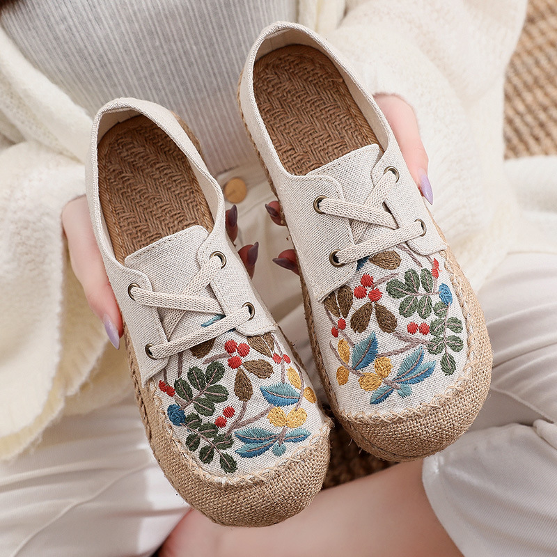 Chinese folk hanfu flowers shoes for women female round head cloth shoes for women shoes Chinese wind spring flat shoes restoring ancient ways with canvas shoes