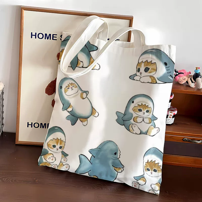 Shark, fresh capacious cloth bag one shoulder, cat