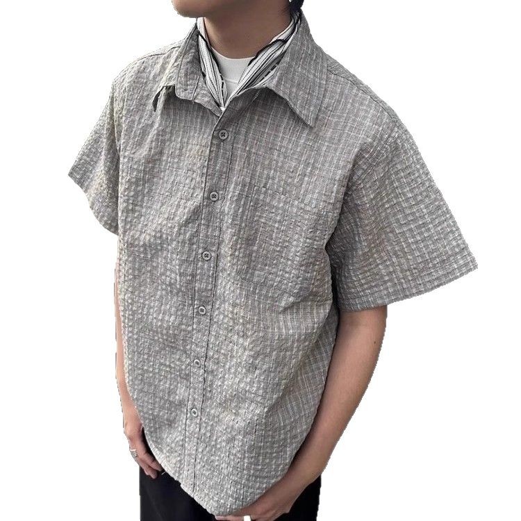 American Style Yarn-dyed Plaid Short-sleeved Shirt Trendy Pink Plaid Trendy Brand All-match Summer Loose Casual Half-sleeved Shirt for Men and Women