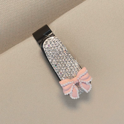 Eye Box Cute Diamond-encrusted Women's | Car Glasses Clip/Bill Clip - pink-bow-white-full-diamond-small-glasses-clip
