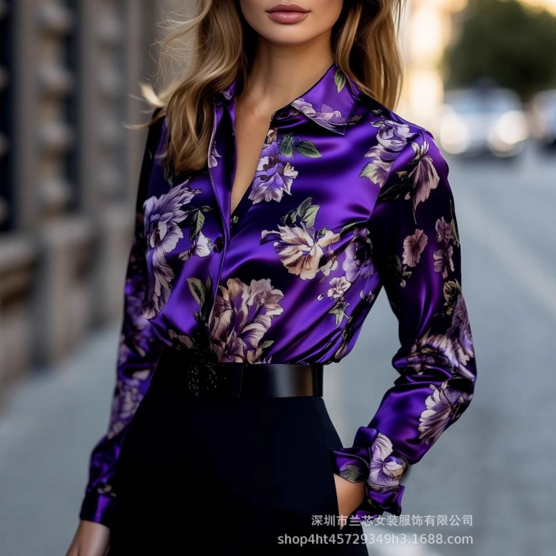 [Standard Code] Purple Satin Shirt Floral Print Spring and Autumn Long Sleeve Shirt
