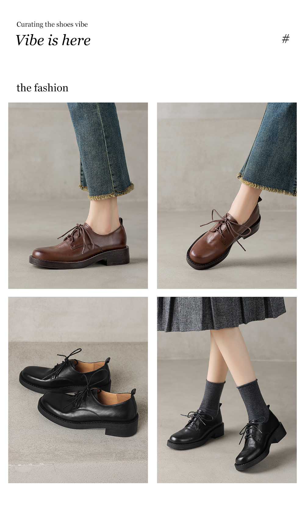 Giày da nữ mũi tròn buộc dây cổ sâu phong cách Anh vintage gót thấp — màu nâu chi tiết 1
