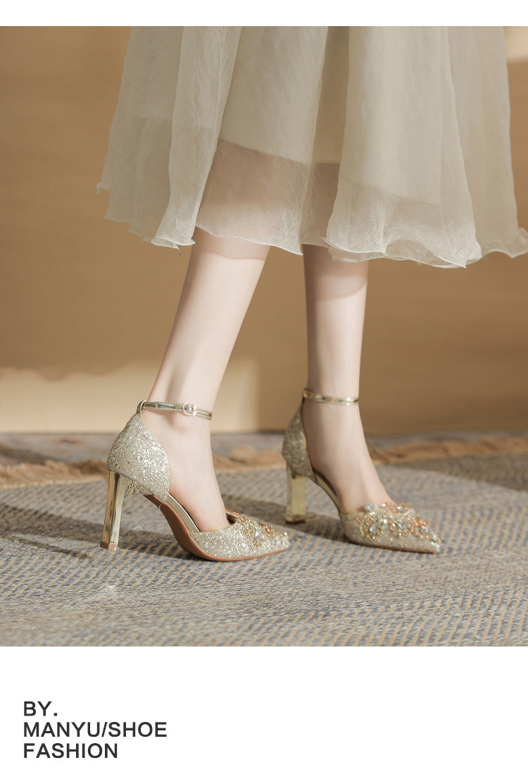 Giày sandal cao gót nữ quai ngang mũi nhọn gót nhọn mùa xuân thu 2024 — Màu Sâm panh chi tiết 10
