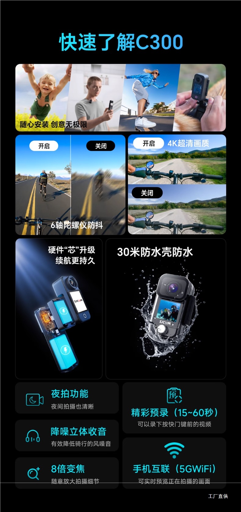 Sjcam Speedy C300 Thumb Sports Camera Motorcycle Driving Recorder Non-360 Panoramic 4K Camera Peihui
