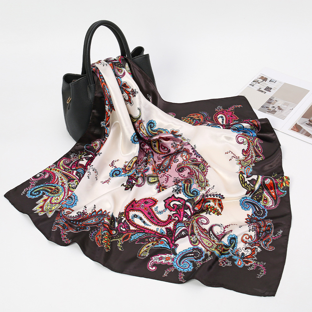 Moda y elegancia 90 satén bufanda cuadrada grande protección solar playa bufanda de seda chal patrón de flor de anacardo de doble uso collar de cinta mujer