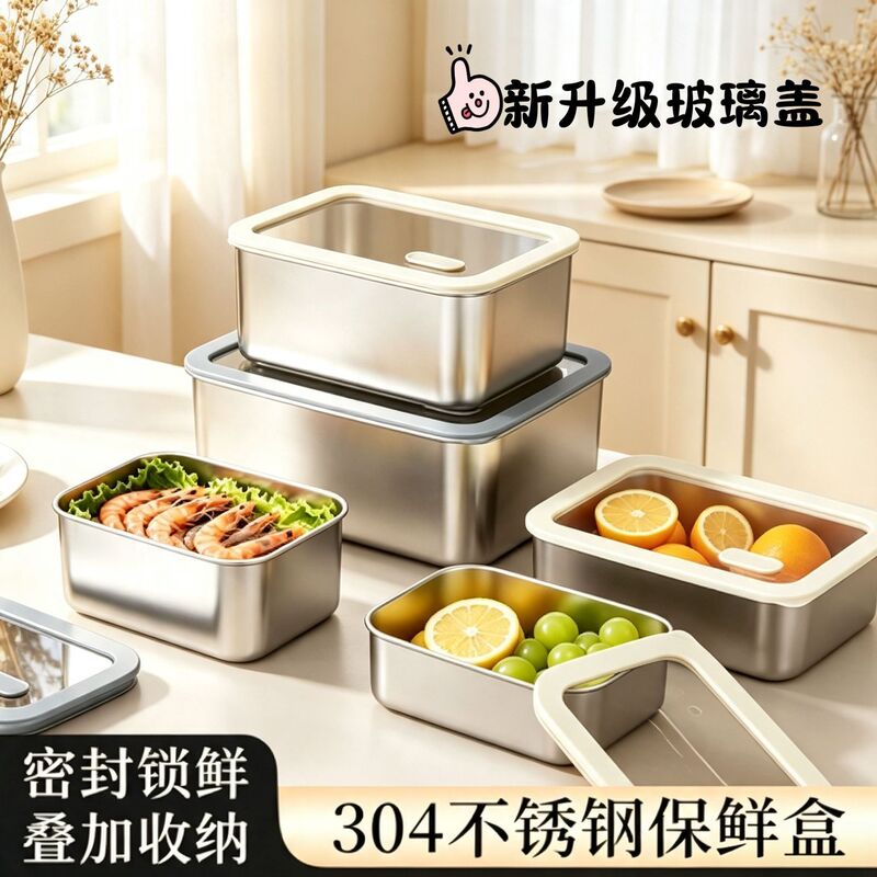 304 stainless steel food storage container, sealed food-grade portion box, refrigerator storage box, microwaveable lunch box