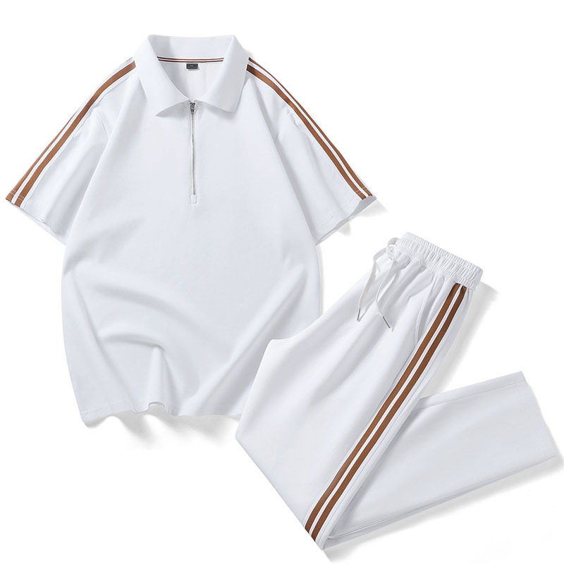 Completo da uomo di alta qualità con polo, t-shirt con mezza zip e pantaloni, casual e versatile, due pezzi._voghion.com