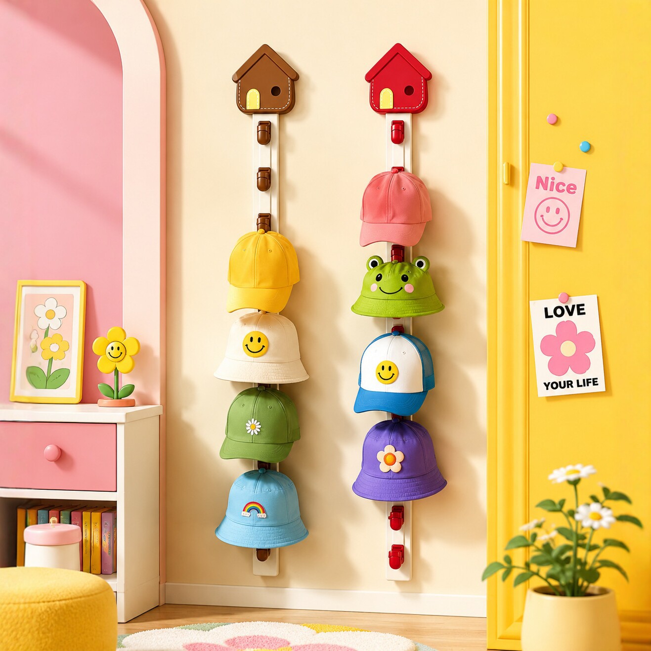 Cartoon Little House No-Drill Hat Storage Rack, Creative Wall-Mounted Shelf for Children's Room, Cute Storage Organizer