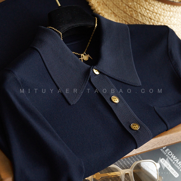 Elegant Taste Hidden Treasure Blue Draped Stretch POLO Point Collar Short Sleeve Sweater Elegant Taste Hidden Treasure Blue Draped Stretch POLO Point Collar Short Sleeve Sweater