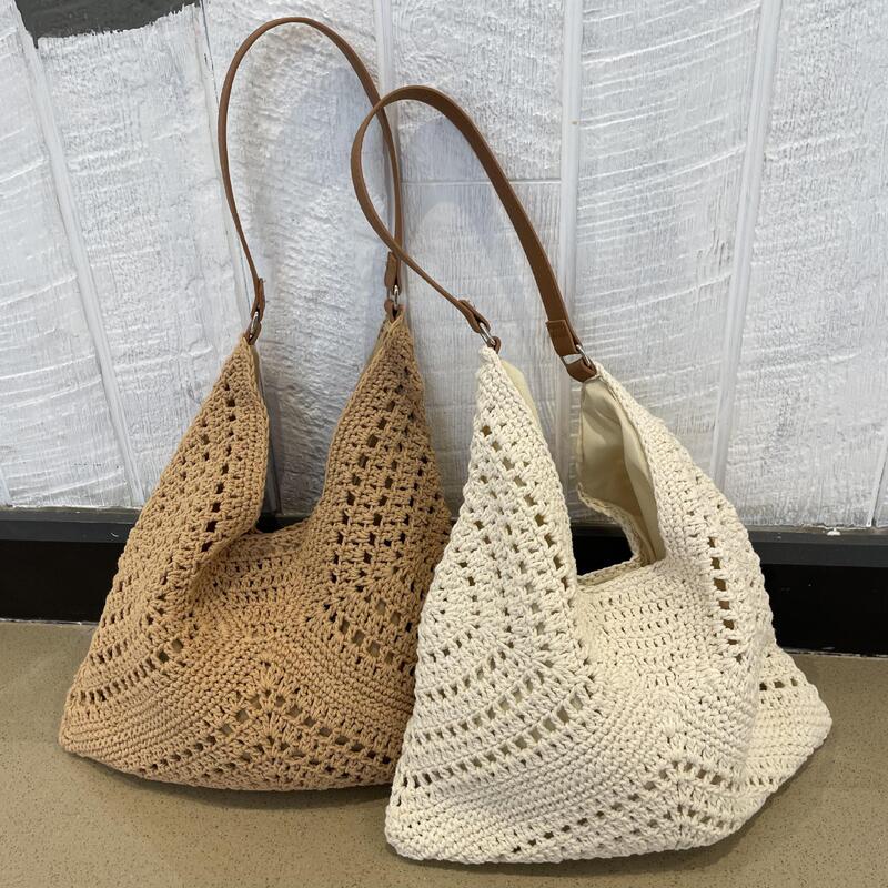 Beach Vacation Style Woven Bag, Forest-Style Artistic Cotton Thread Hollow Shoulder Bag, Underarm Tote Handbag, Versatile
