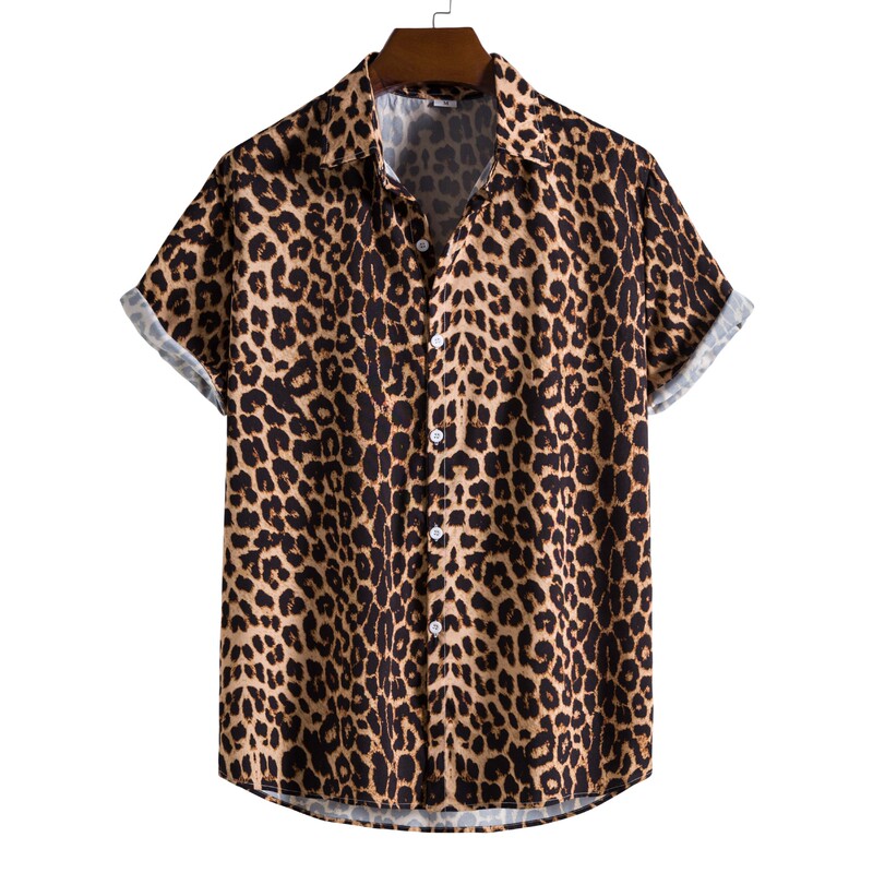 6/7 2022 Cross-Border New Men's Fashion Trendy Digital Printing Leopard Print Short-Sleeved Shirt Dropshipping