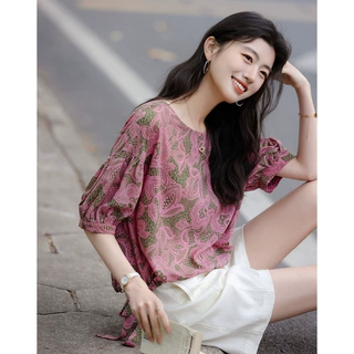 飘逸复合丝花瑶夏季法式灯笼袖衬衫侧边系带抽绳衬衣女装上衣