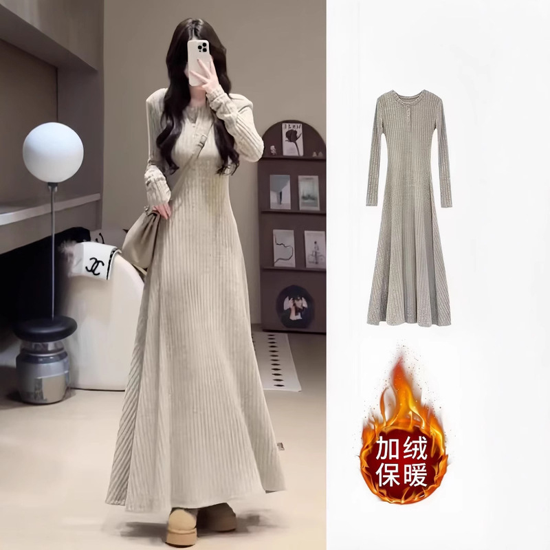 Lazy High-end Elegant Long Dress Slim-fit Base Thickened Korean Style Atmosphere Knitted Sweater dress Women's Autumn and Winter Lazy High-end Elegant Long Dress Slim-fit Base Thickened Korean Style Atmosphere Knitted Sweater dress Women's Autumn and Winter