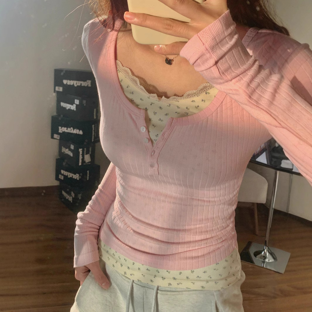 显瘦蕾丝碎花两假件2024新款秋冬纯欲风辣妹修身长袖内搭打底上衣