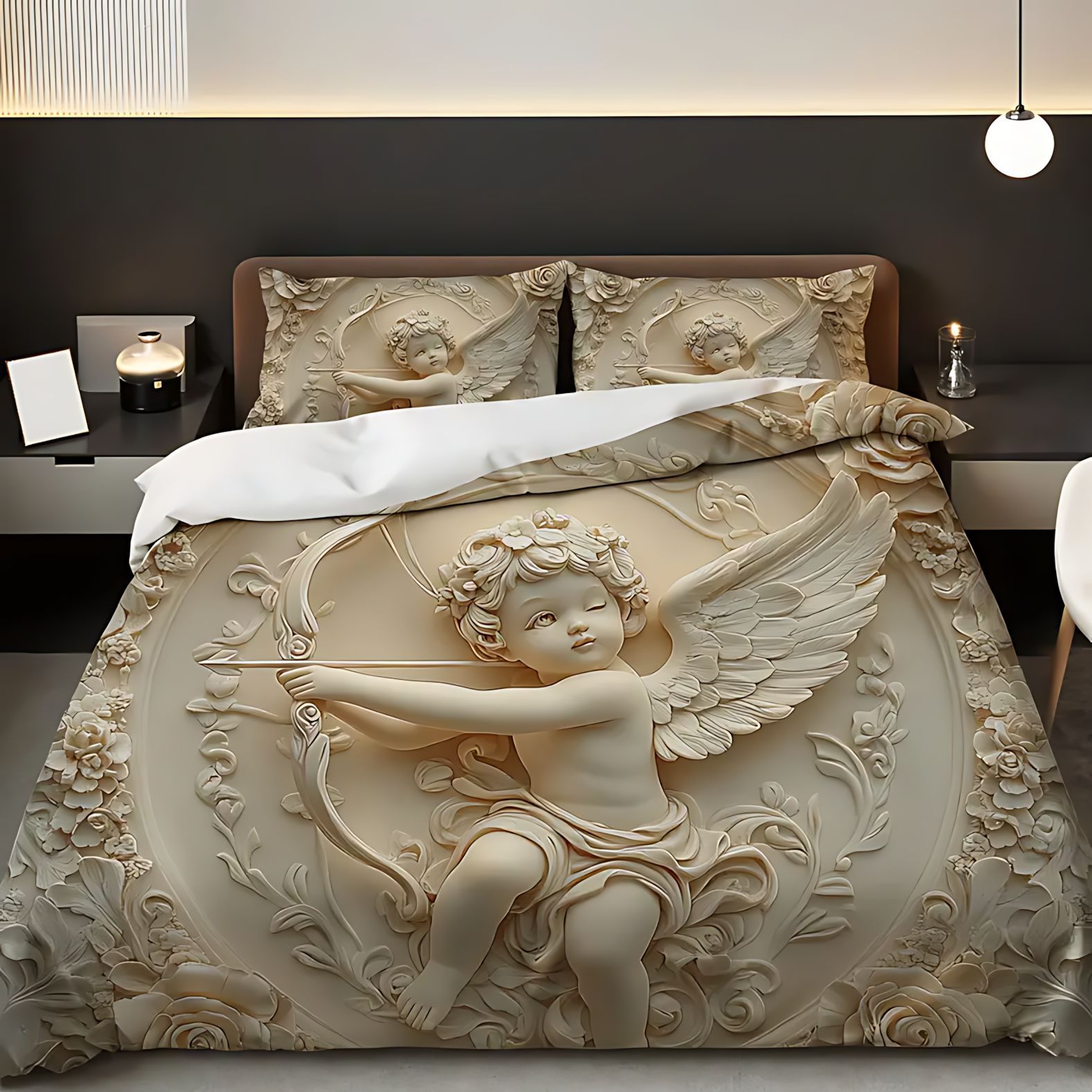 TEMU / JIT Cross-border nuevo diseño de relieve de ángel rosa impresión digital 3D colcha de colchón conjunto de almohada