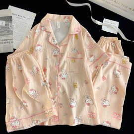 外贸批发云朵棉三件套KT猫睡衣女甜美学生卡通翻领短袖长裤家居服