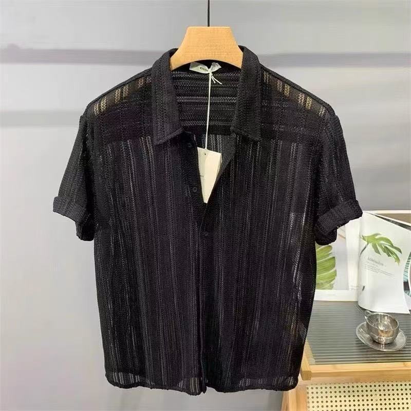 The Same Texture Design, Pleated Texture, Men's Short-Sleeved Shirt, Loose, No-Iron Drape, Spring and Summer Sun Protection, White Light Luxury