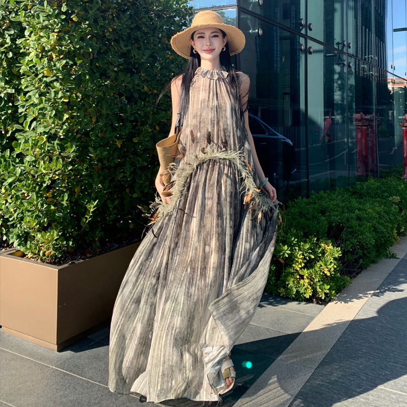Bohemian Resort Style Smudged Sleeveless Halterneck Dress Travel Photo Loose Long Skirt