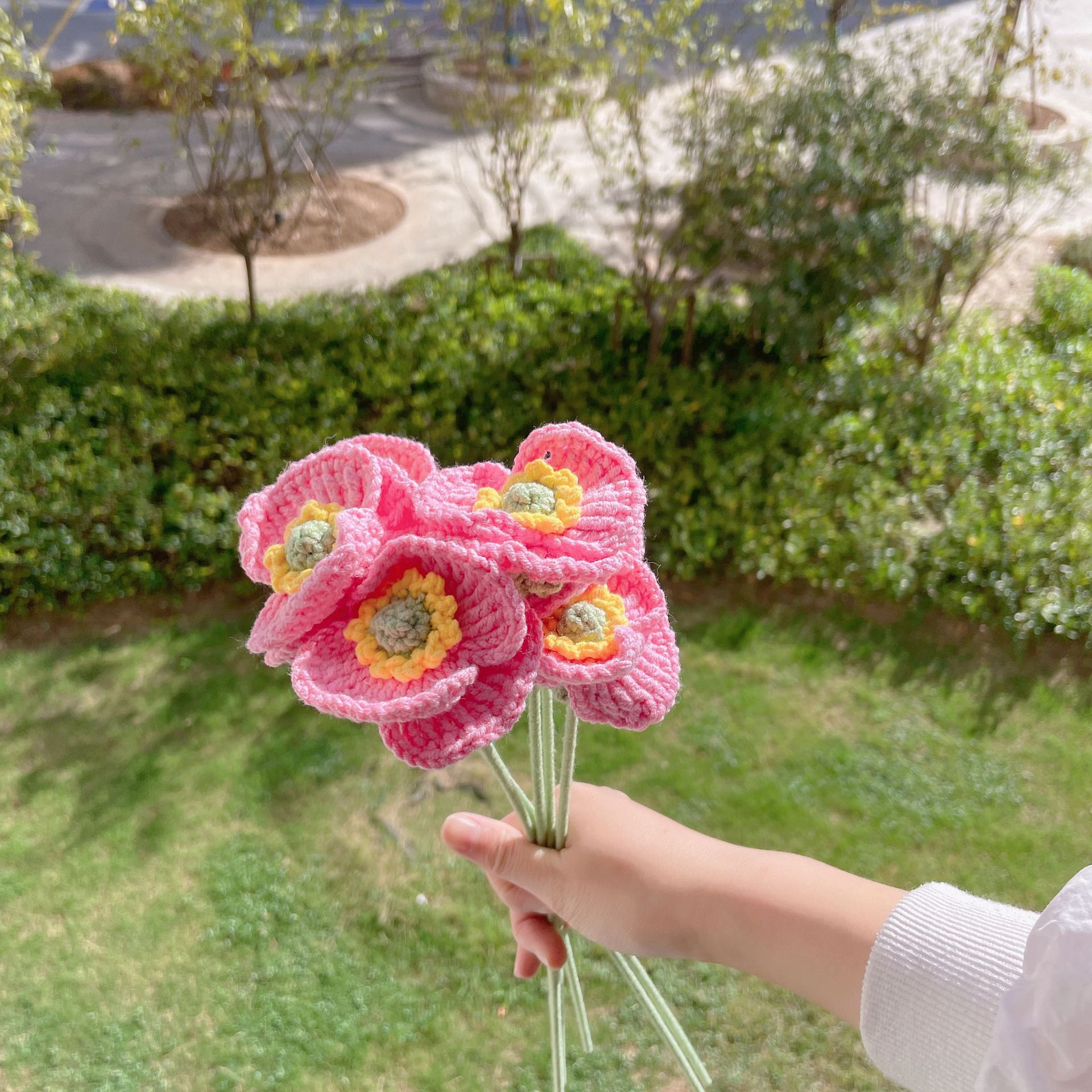 Lily tejido a mano acabado rosa Lily Tulip flor artificial lana ramo regalo