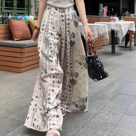 2026夏季新款复古简约国风印花阔腿裤水墨画飘逸垂感显瘦休闲裤潮