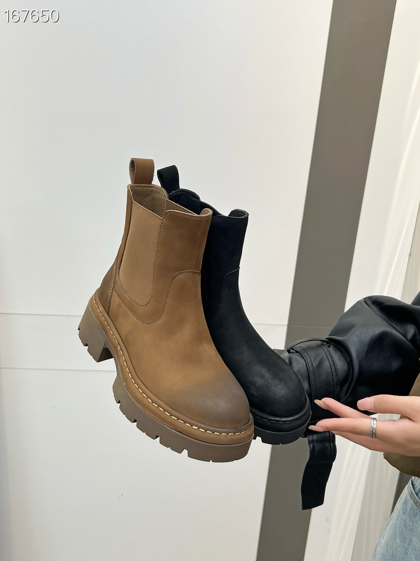 Boot nữ da bò cổ thấp đế xuồng dày khóa kéo bên — Màu đen, Màu Kaki chi tiết 7