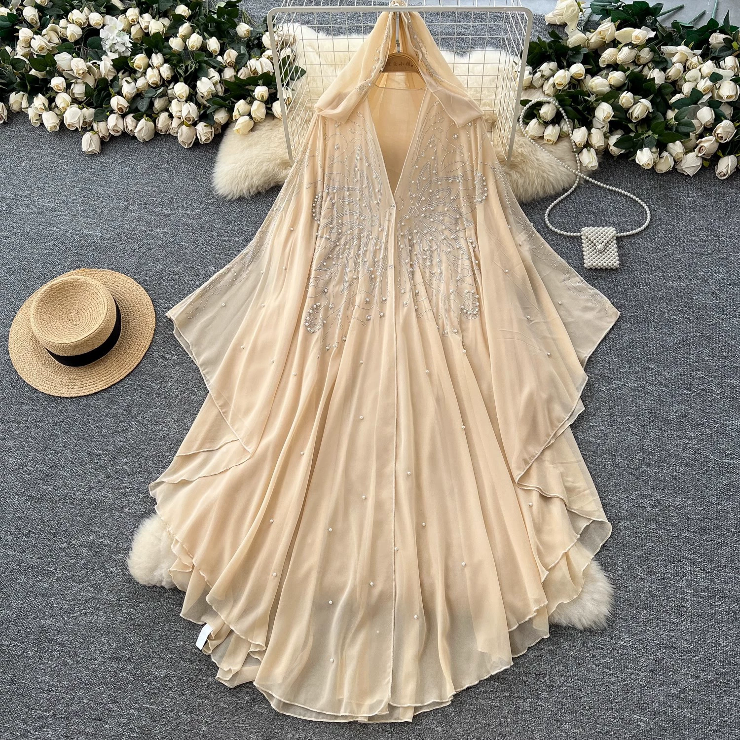 Летняя женская свободная асимметричная тонкая накидка-блузка с капюшоном, украшенная тяжелым бисером, в европейском и американском стиле.