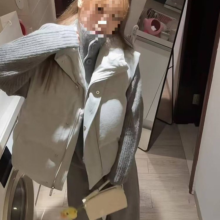 秋冬新品韩系学院风复古加厚保暖棉服马甲女灰色高领针织毛衣套装|undefined