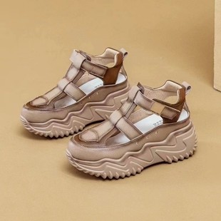 Women's Summer Thick-Soled Platform Sandals with Real Soft Leather, Versatile Height-Increasing Breathable Hollow Casual Fashion New Model