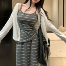 新款韩系慵懒风夏季条纹不规则吊带背心显瘦半身裙开衫套装女