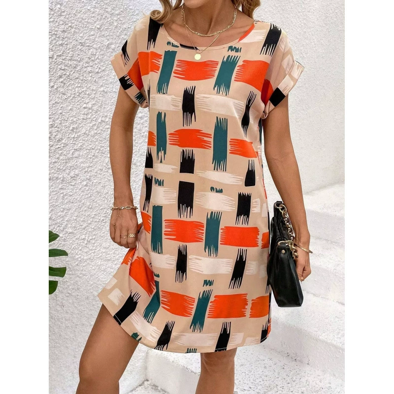 Новый Amazon Европа и США трансграничная внешняя торговля 2025 летом свободное повседневное платье с круглым вырезом с принтом с короткими рукавами для женщин